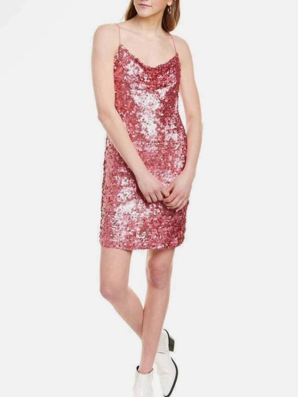 Leyden Rose Pink Sequin Cowl Neck Mini Dress